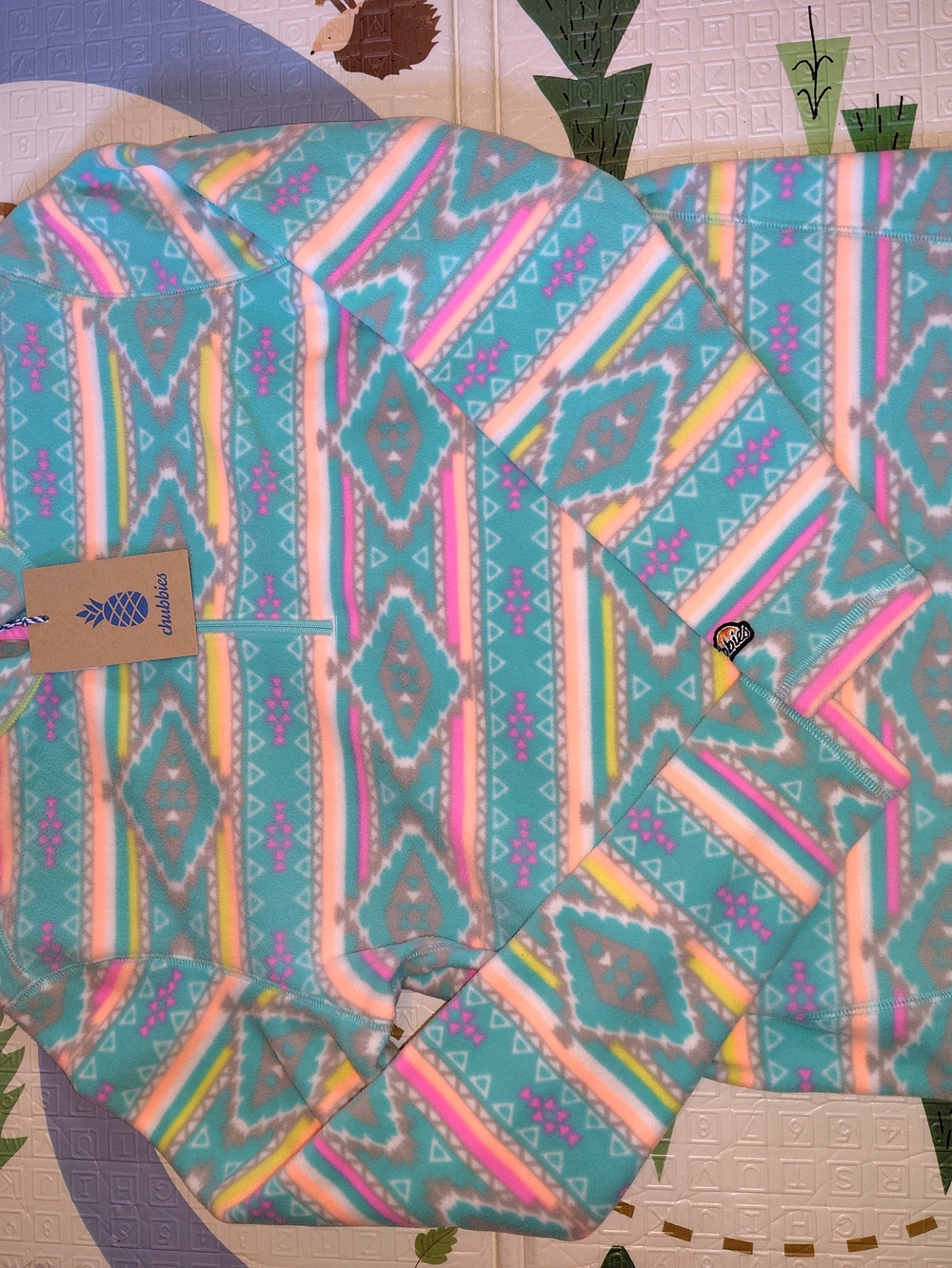 chubbies Teal Pullover Hoodie with Pink, Yellow and White Aztec Stripes
